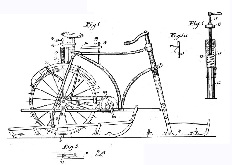 C W Larssons isvelicoped med spikar i stället för däck och två skidor hyllades av pressen och patenterades 1898. C W Larssons isvelicoped med spikar i stället för däck och två skidor hyllades av pressen och patenterades 1898.