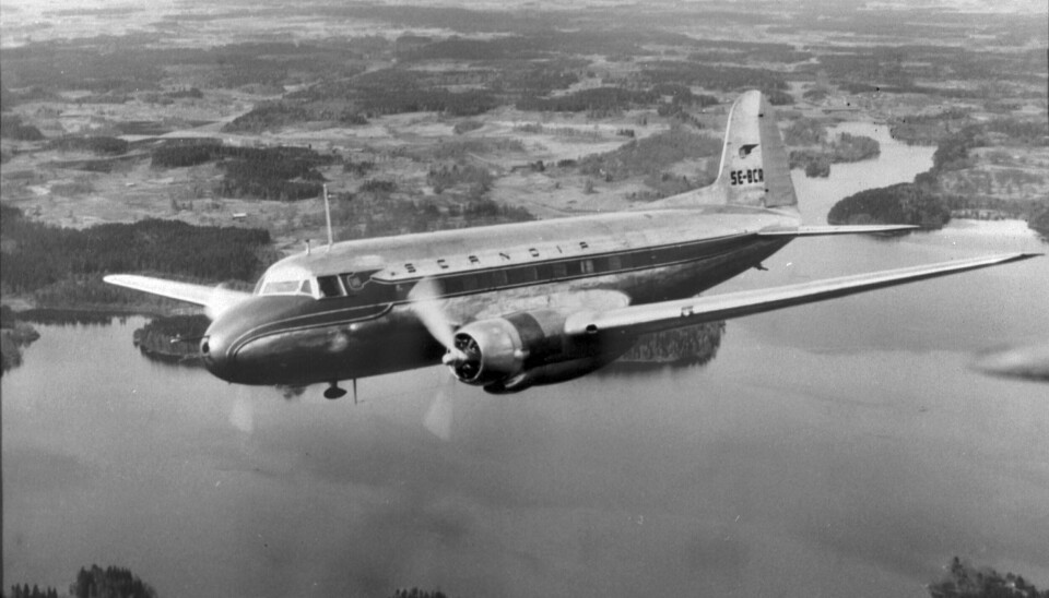 Prototypen för Saab Scandia i luften. Marschfarten låg på cirka 400 kilometer i timmen. Motorerna i serieflygplanen var amerikanska Pratt & Whitney Twin Wasp R-2180 E1 vilka presterade 1 800 hästkrafter.