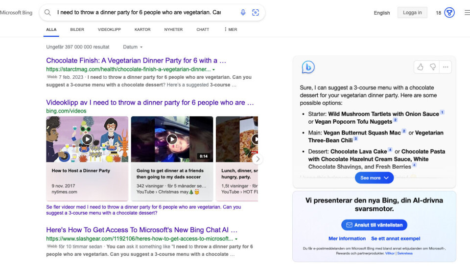 Traditionella sökresultat till vänster, nya chatboten till höger. Microsoft, Bing, artificiell intelligens, ai, chatbot, chatgpt, chat gpt