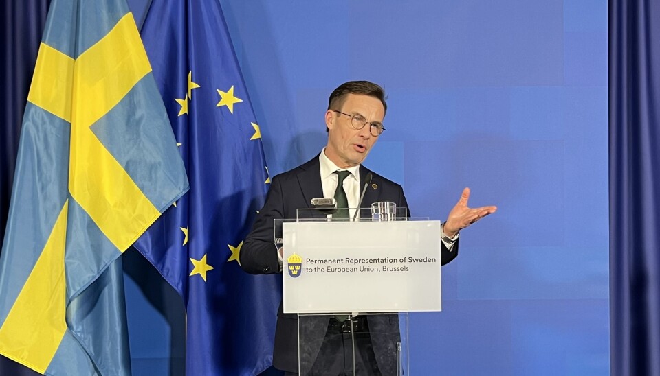 Statsminister Ulf Kristersson (M) vid en svensk pressträff efter EU-toppmötet i Bryssel. Statsminister Ulf Kristersson (M) vid en svensk pressträff efter EU-toppmötet i Bryssel.