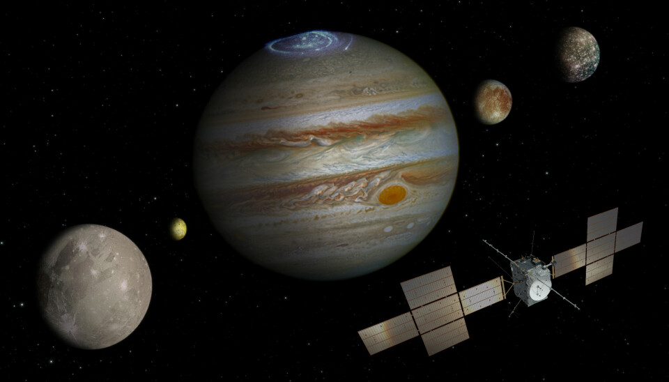 Konceptbild av Jupiter, dess månar och rymdsonden Juice.