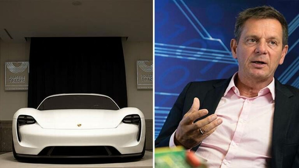 En Mission E och Uwe Michael, chef över Porsches elektronikavdelning. Foto: Porsche En Mission E och Uwe Michael, chef över Porsches elektronikavdelning. Foto: Porsche