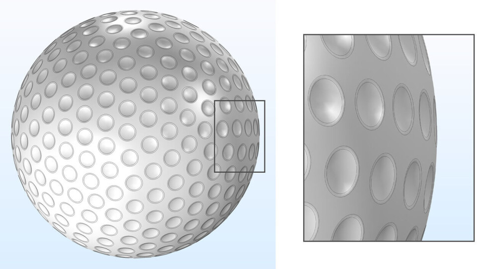 Geometrin av golfbollen skapas med de inbyggda ritverktygen i COMSOL Multiphysics. Geometrin är parametriserad vilket innebär att det är enkelt att ändra den genom att ändra parametrar som storlek och djup på dimples. Geometrin av golfbollen skapas med de inbyggda ritverktygen i COMSOL Multiphysics. Geometrin är parametriserad vilket innebär att det är enkelt att ändra den genom att ändra parametrar som storlek och djup på dimples.