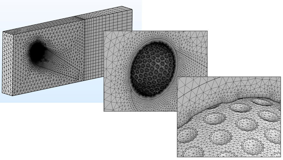 COMSOL Multiphysics använder finita elementmetoden och därför behövs ett beräkningsnät, så kallad mesh för simuleringen. Närmast bollen används en gränsskiktsmesh för att lösa upp det turbulenta gränsskiktet kring bollen. COMSOL Multiphysics använder finita elementmetoden och därför behövs ett beräkningsnät, så kallad mesh för simuleringen. Närmast bollen används en gränsskiktsmesh för att lösa upp det turbulenta gränsskiktet kring bollen.