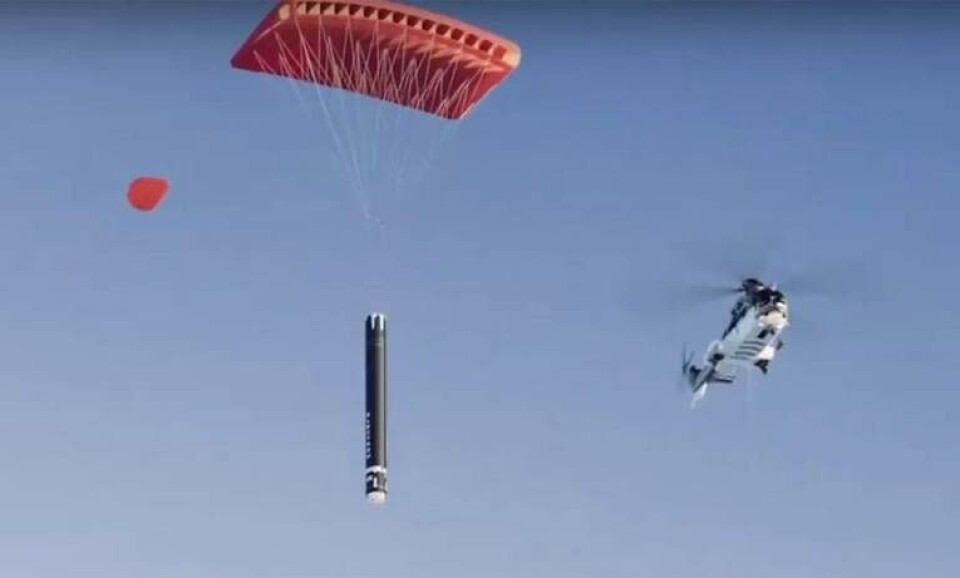 Så ska raketsteget fångas upp. Foto: Rocket Lab Så ska raketsteget fångas upp. Foto: Rocket Lab