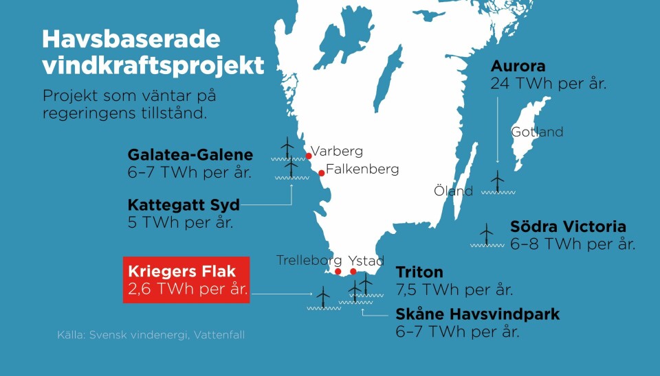 Vindkraftsprojekt i södra Sverige som väntar på regeringens tillstånd.