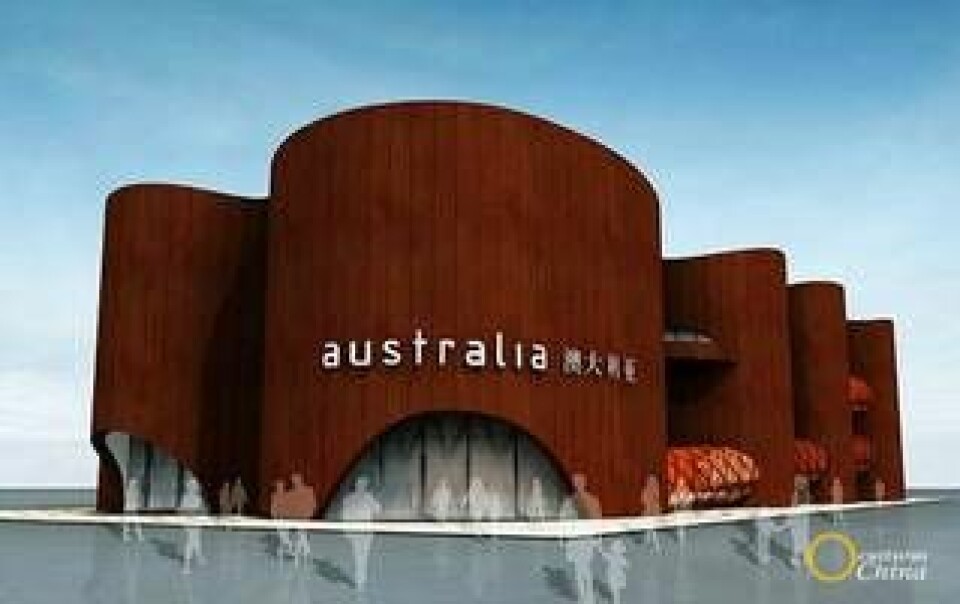 Australiens paviljong är inspirerad av den berömda röda klippan Ayers Rock i den australiska öknen.