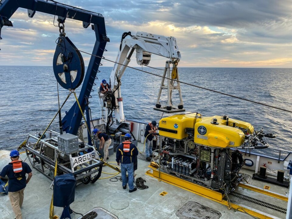 Ombord på Nautilus fanns flera fjärrstyrda undervattensfarkoster under expeditionen i april. Foto: OET Nautilus Live Ombord på Nautilus fanns flera fjärrstyrda undervattensfarkoster under expeditionen i april. Foto: OET Nautilus Live