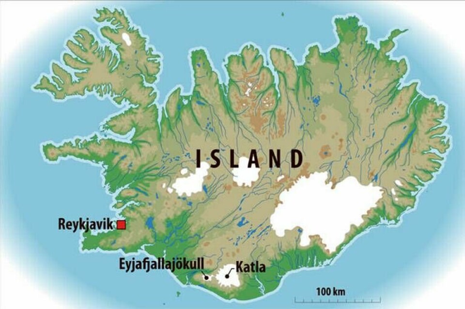 Vulkanen Katla är belägen på södra Island, öster om glaciären Eyjafjallajökull som finns ovanpå vulkanen med samma namn. Grafik: Jonas Askergren