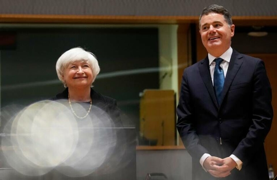 Janet Yellen bredvid Irlands finansminister Paschal Donohoe i Bryssel. Foto: Virginia Mayo/AP/TT Janet Yellen bredvid Irlands finansminister Paschal Donohoe i Bryssel. Foto: Virginia Mayo/AP/TT