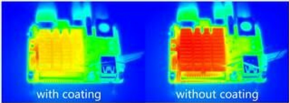 Bilden visar hur värme sjunker in i elektronik, med och utan beläggningen. Foto: Chenxi Wang