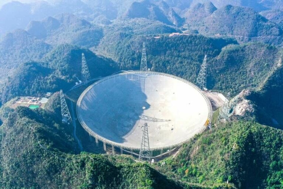 Foto taget den 19 december 2021 på Chinas FAST-teleskop. FAST står för Five-hundred-meter Aperture Spherical Radio Telescope. Foto: TT/Chine Nouvelle/Sipa/Shutterstock