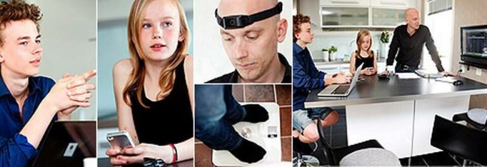 Familjen Elvelid har 23 apparater som är uppkopplade mot internet, från badrumsvågen till nätverkskamera. Pappa Janne Elvelid arbetade tidigare på Stiftelsen för internetinfrastruktur och har ett stort teknikintresse. Sonen Casper är lite sugen på Google Glass, medan dottern Ebba anser att hon har det hon behöver i sin mobil. Foto: Stéfan Estassy Familjen Elvelid har 23 apparater som är uppkopplade mot internet, från badrumsvågen till nätverkskamera. Pappa Janne Elvelid arbetade tidigare på Stiftelsen för internetinfrastruktur och har ett stort teknikintresse. Sonen Casper är lite sugen på Google Glass, medan dottern Ebba anser att hon har det hon behöver i sin mobil. Foto: Stéfan Estassy