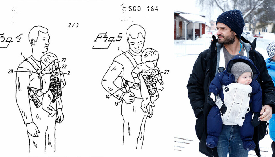 Skiss ur patentansökan för bärselen Baby Björn. Prins Carl Philip med sonen Gabriel i bärselen 2018.