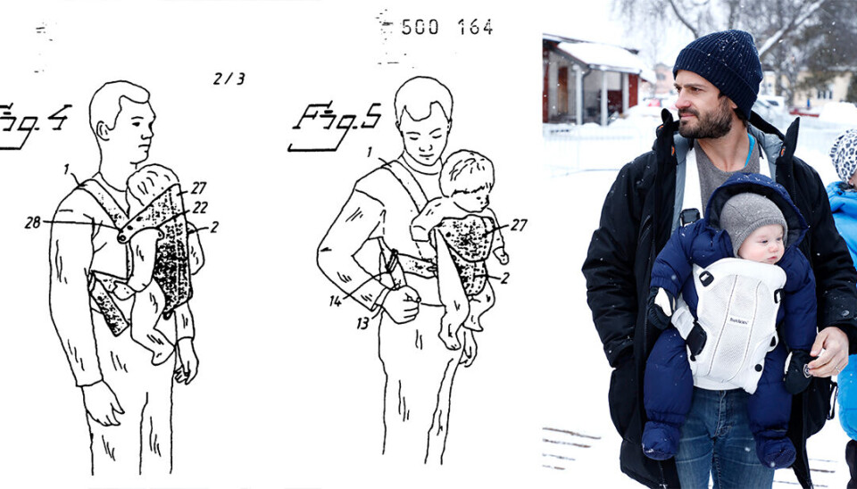 Skiss ur patentansökan för bärselen Baby Björn. Prins Carl Philip med sonen Gabriel i bärselen 2018. Skiss ur patentansökan för bärselen Baby Björn. Prins Carl Philip med sonen Gabriel i bärselen 2018.