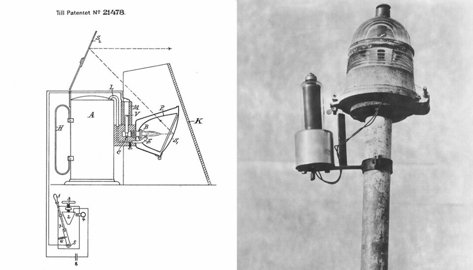 Gustaf Daléns patent för signallykta med evighetslåga och elektriskt styrd ventil för gasbrännare. Bild på solventil