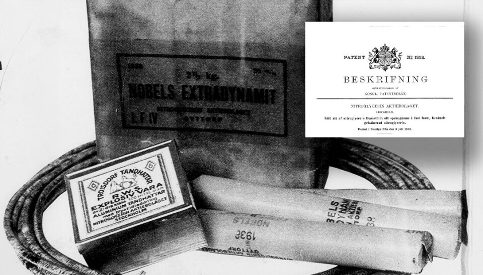 Alfred Nobels dynamit. Patentnummer SE1352 från år 1876. Alfred Nobels dynamit. Patentnummer SE1352 från år 1876.
