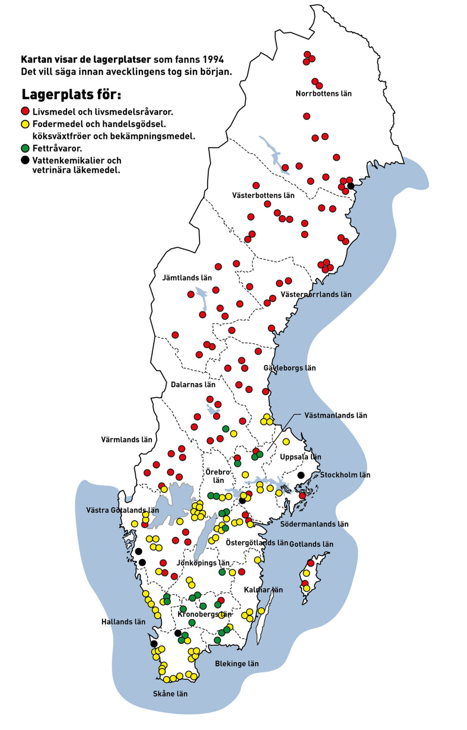 Kartan visar de lagerplatser som fanns 1994. Det vill säga innan avvecklingen tog sin början. Grafik: Jonas Askergren Kartan visar de lagerplatser som fanns 1994. Det vill säga innan avvecklingen tog sin början. Grafik: Jonas Askergren