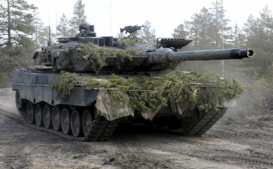 En stridsvagn av typen Leopard i västra Finland 2022.