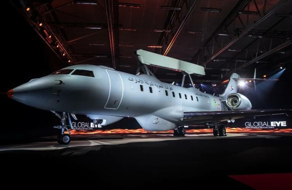 Här visas ett av spaningsflygplanen Global Eye upp i Linköping, målat för det emiratiska flygvapnet. Arkivbild. Foto: Stefan Jerrevång/TT Här visas ett av spaningsflygplanen Global Eye upp i Linköping, målat för det emiratiska flygvapnet. Arkivbild. Foto: Stefan Jerrevång/TT