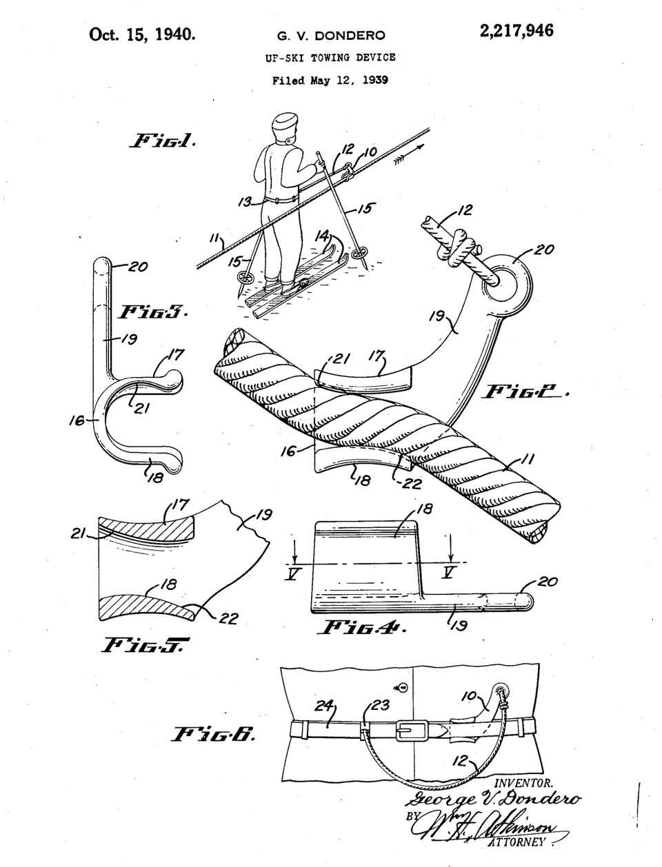 Amerikanen George V Donderos skisser till patent US2217946A för möjlig fasthållning vid rep till skidlift. Patentet beviljades år 1939. Amerikanen George V Donderos skisser till patent US2217946A för möjlig fasthållning vid rep till skidlift. Patentet beviljades år 1939.