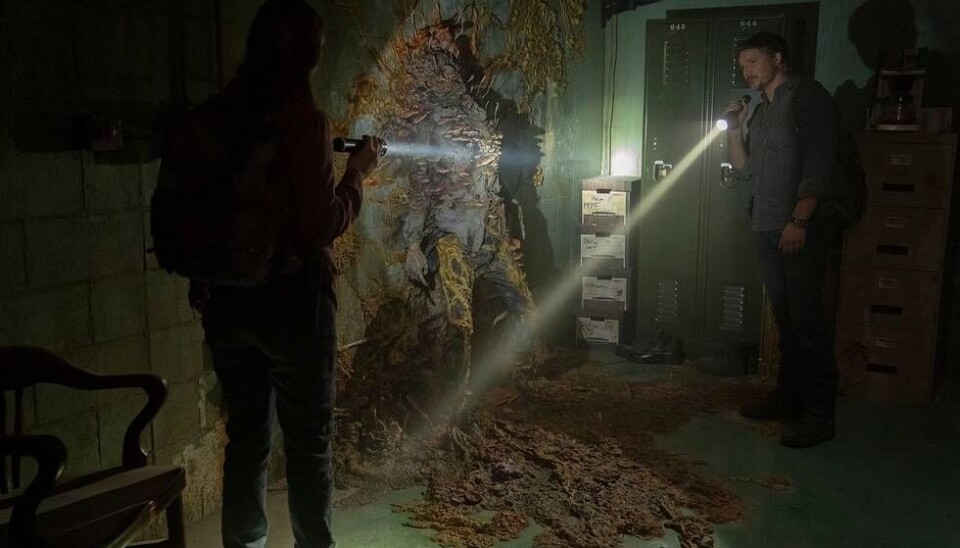Bild från den populära tv-serien The last of us där en masssvampinfektion av muterad cordyceps utlöser en global pandemi. Här är Anna Torv som spelar 'Tess' och Pedro Pascal som spelar 'Joel'. Pedro Pascal, Anna Torv. The Last Of Us.