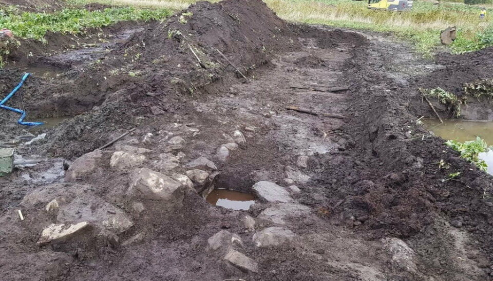 En del av en stenränna, som hjälpte arkeologerna förstå att det rörde sig om en kvarn. Jordhäg vid utgrävning av tusenårig kvarn.