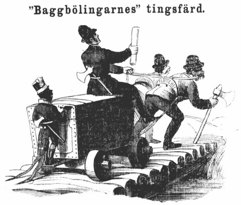 Satirisk kommentar i tidningen Fäderneslandet till rättegången mot Baggböle sågverks ägare 1867. Illustrationen uppges visa firmans chef Oscar Dickson som rider på en skattkista dragen av två flottchefer.