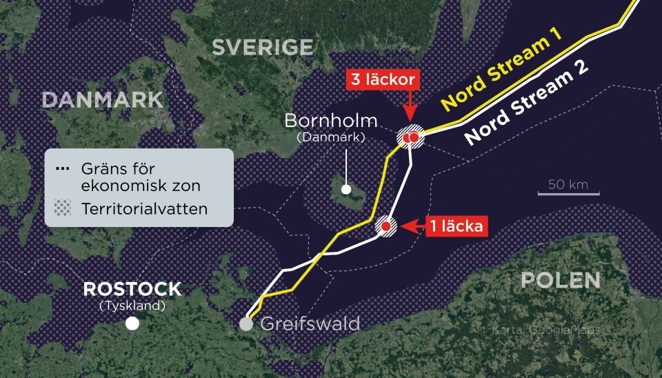 Webbkarta över gasledningens sträckning samt Rostock utmärkt där en båt inblandad i sprängningarna kan ha avgått. Webbkarta över gasledningens sträckning samt Rostock utmärkt där en båt inblandad i sprängningarna kan ha avgått.