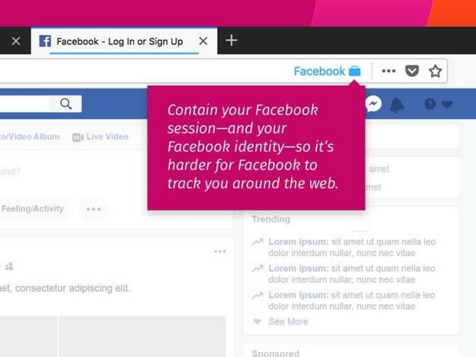 Om du laddar ned tillägget körs Facebook i en egen isolerad flik, och kan inte se vilka andra sajter du surfar in på. Foto: Mozilla Om du laddar ned tillägget körs Facebook i en egen isolerad flik, och kan inte se vilka andra sajter du surfar in på. Foto: Mozilla