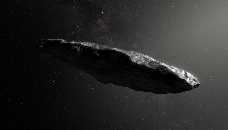 Illustration av ‘Oumuamua som det blev första bekräftade interstellära objektet 2017.