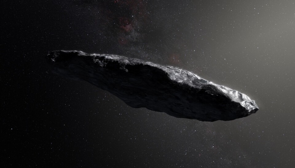 Illustration av ‘Oumuamua. Illustration av ‘Oumuamua som det blev första bekräftade interstellära objektet 2017.