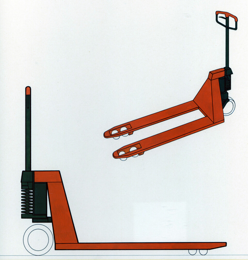 Skissförslag till BT3000 1967. Ivar Bryntse konstruerade modeller som lyfte med hydraulik, och hade stålrullar som framhjul. Men den klassiska formen tog Rune Monö fram.