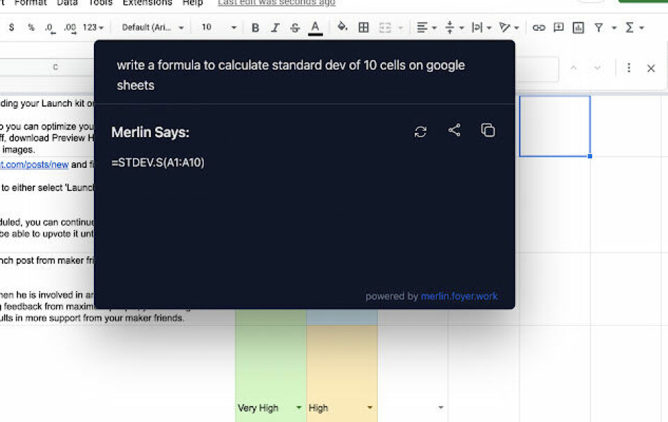 Bilden visar hur Merlin, ett tilläggsprogram till Chrome, kan användas för att skapa kommandon till Googles Excel-konkurrent.