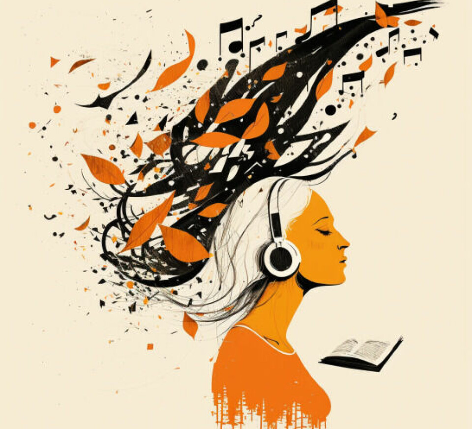 En illustration genererad av en AI av en kvinna som lyssnar på musik.