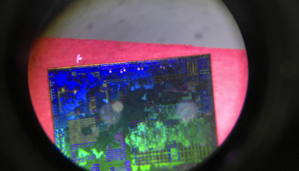 Ett kinesiskt datachip som är blått och grönt uppförstorat i ett mikroskop