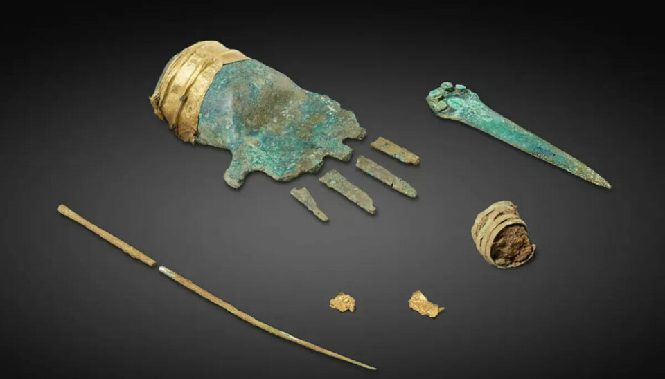 Utöver ett dolkblad, en brosch samt en spiral av brons fanns även tillplattat guld, som tros tillhöra handen.