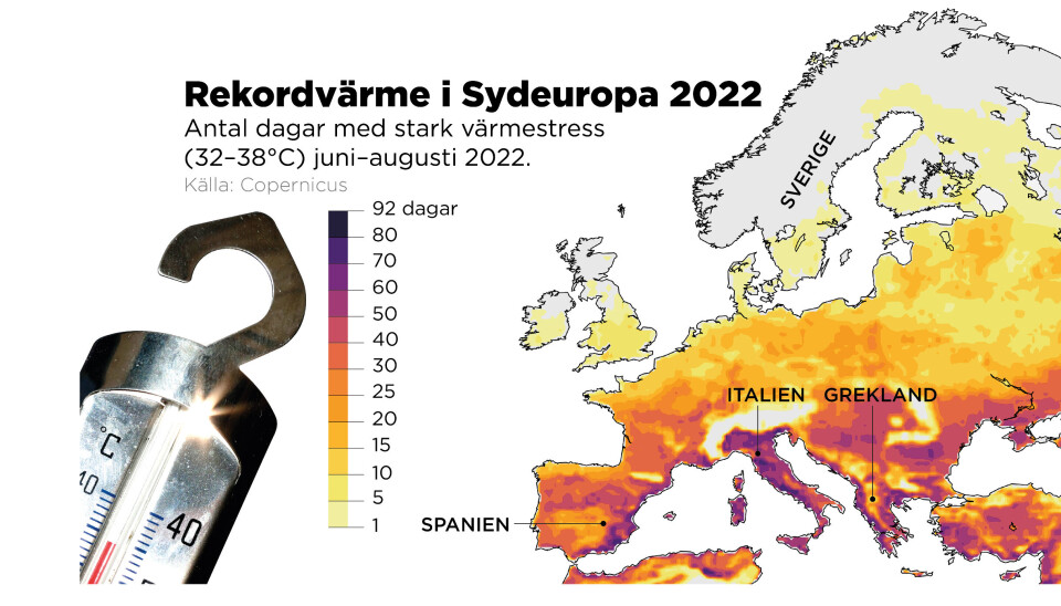 Antal dagar med stark värmestress (32–38°C) juni–augusti 2022.