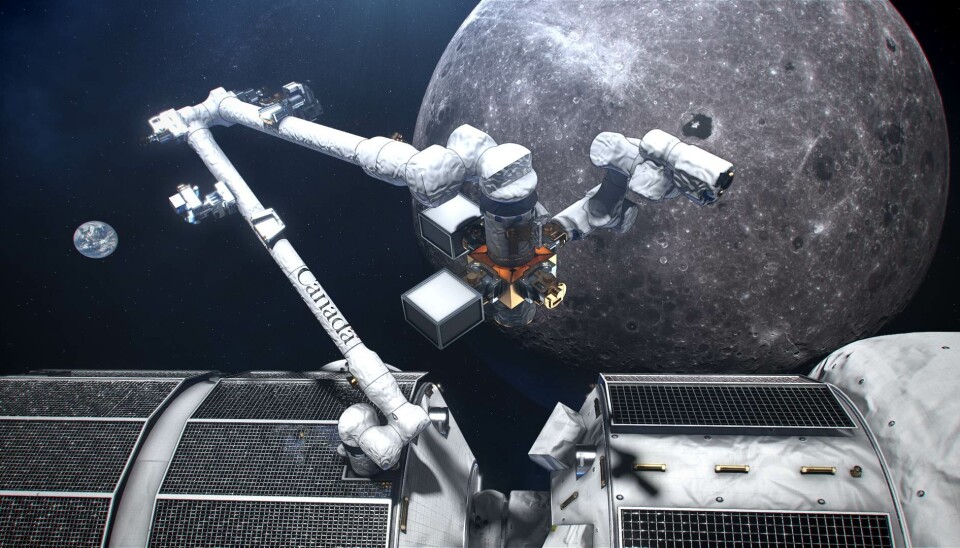 Konceptbild av Canadarm 3 på Lunar gateway. En robotarm på en rymdstation, månen syns i bakgrunden.