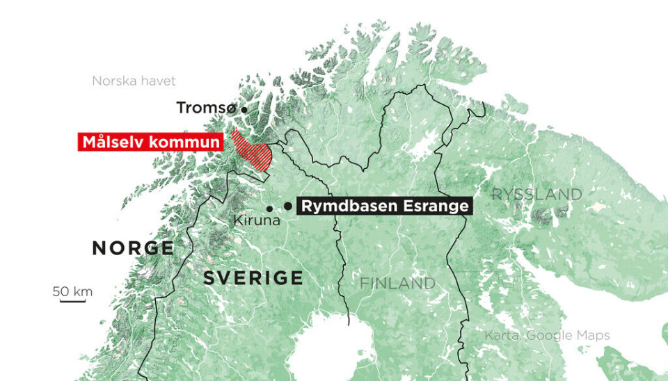 En svensk forskningsraket som sköts upp från Esrange landade av misstag i Målselv kommun i Norge. Grafik över var forskningsraketen landade.
