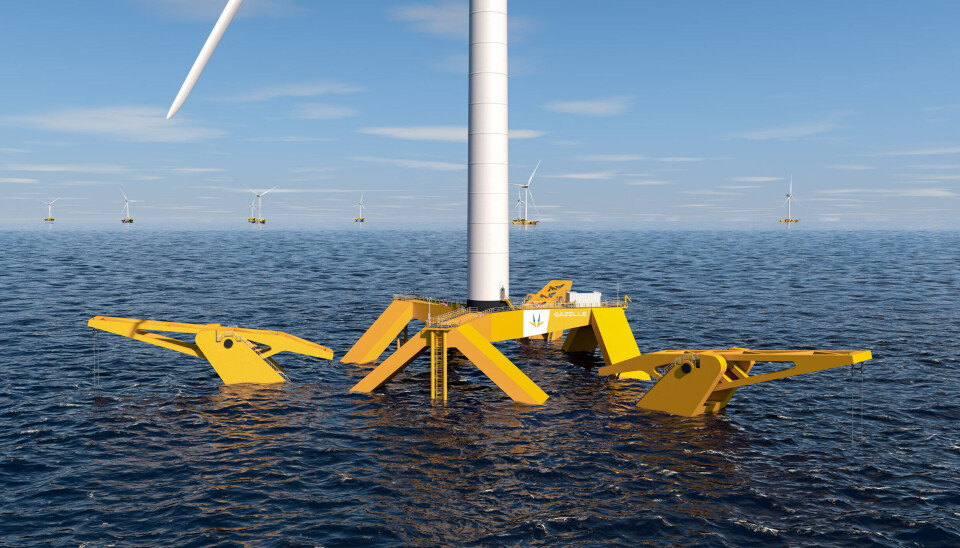 Illustration av det flytande vindkraftsfundamentet från Gazelle Wind Power. Gul plattform i stål flyter i havet.