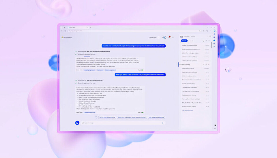 Nu kan sökmotorn Bing spara chatthistorik. Bilden visar Microsofts uppdaterade sökmotor Bing.