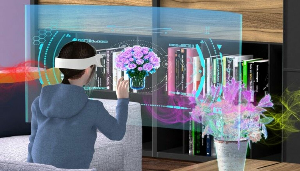 En virtuell miljö där en person luktar på blommor.