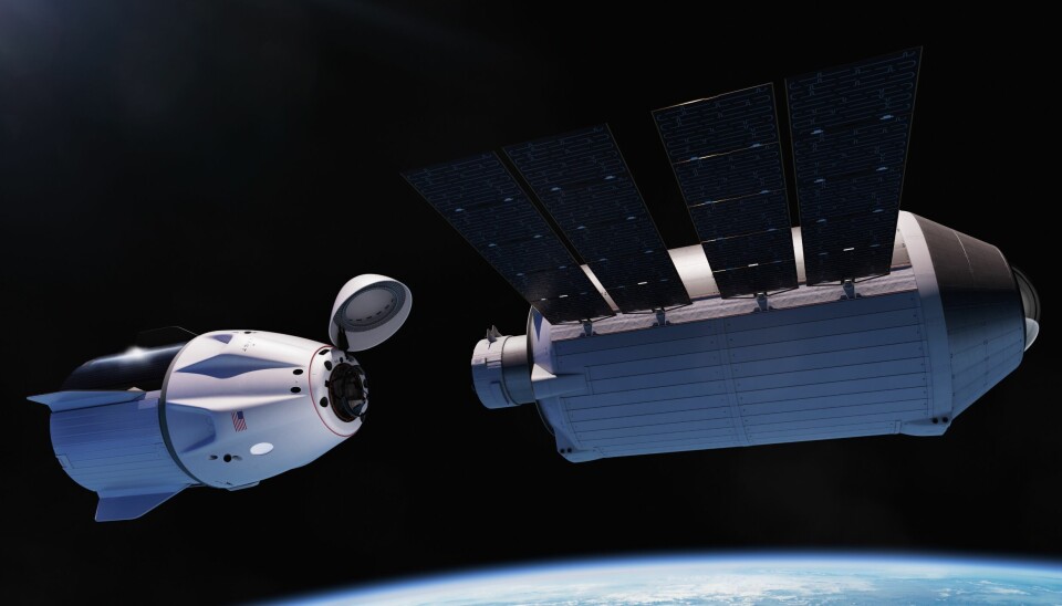 En illustration av en rymdfarkost och en rymdstation.