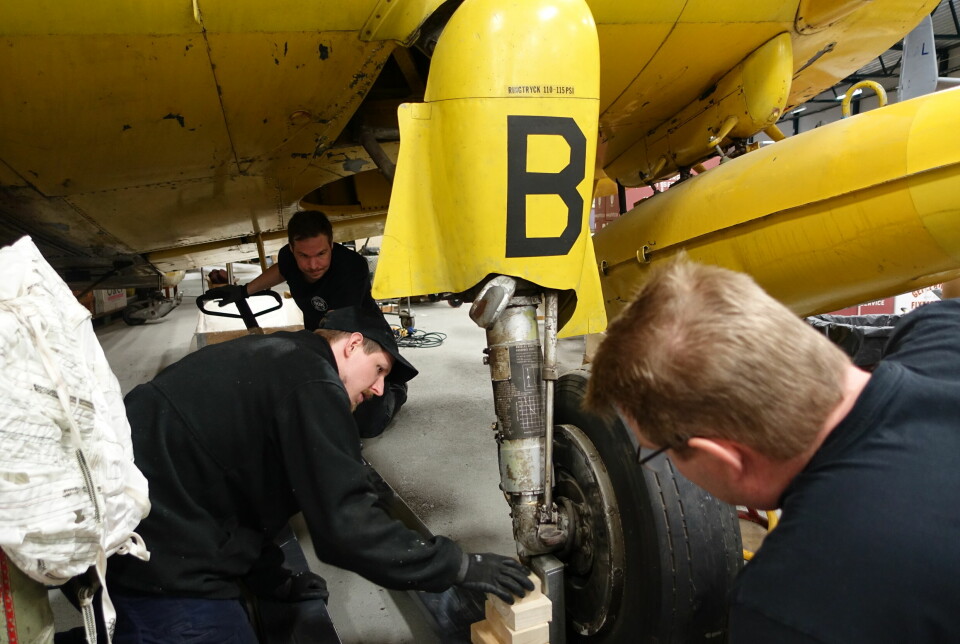 Flygteknikerna monterar loss hjulet på samlingens gula Douglas Skyraider