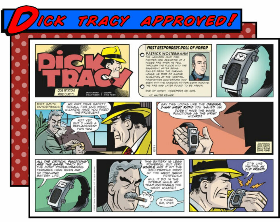 En seriestrip med Dick Tracy och företagets radio-armbandsur