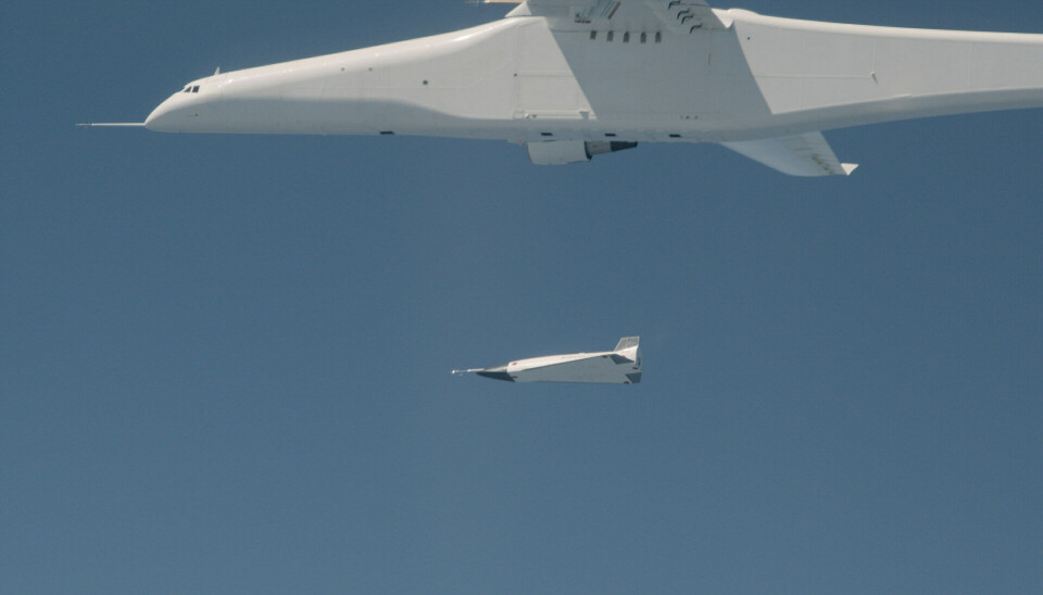 Stratolaunch har genomfört den första lyckade separationen av farkosten Talon A, här i form av testversionen TA-0. Nästa version, TA-1, ska kunna flyga i hypersonisk fart. Roc släpper TA-0