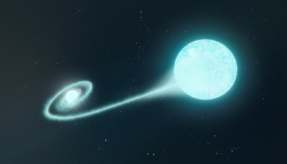 Illustration av ett binärt stjärnsystem med en kompakt vit dvärgstjärna som suger åt sig massa från heliumrik kompanjonstjärna.