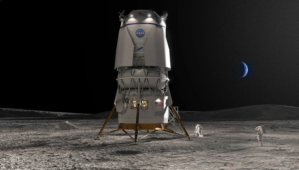 En månlandare, två astronauter och jorden i bakgrunden.