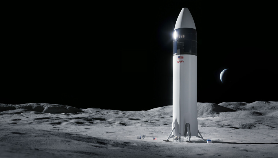 Illustration av Starship som månlandare. En månlandare med jorden i bakgrunden.